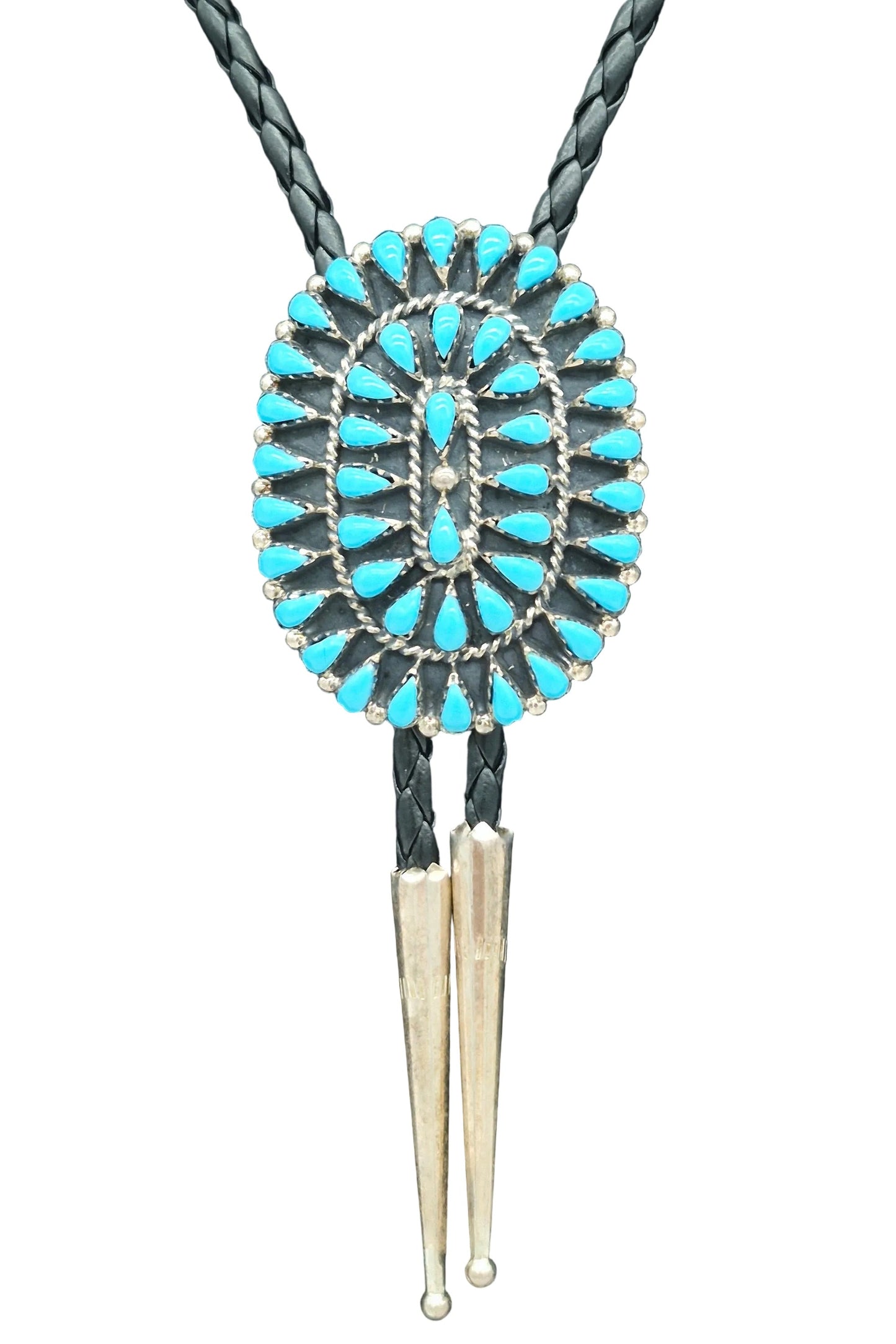 Zuni sterling silver bolo tie with petit point turquoise cluster design and braided leather cord