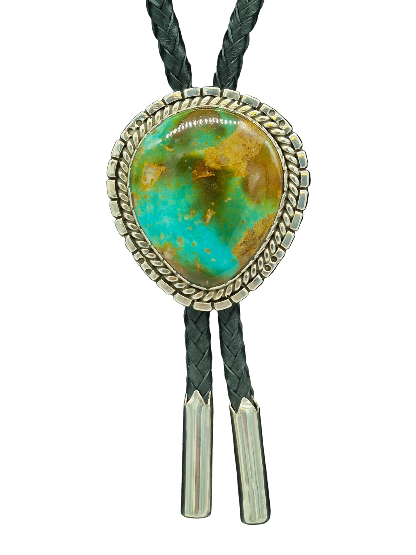 Navajo bolo tie with large freeform green turquoise cabochon and sterling silver rope bezel setting