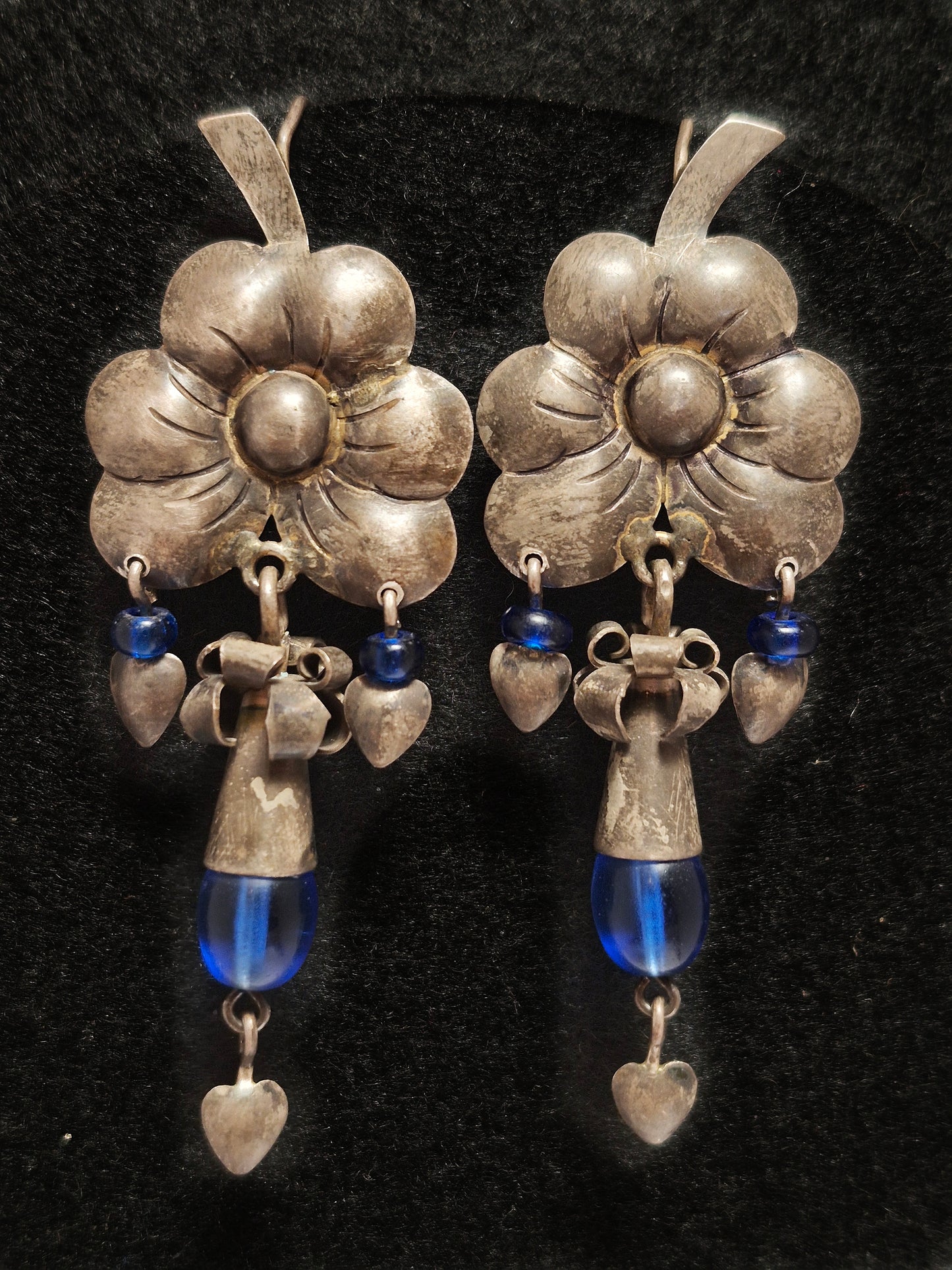 Vintage Flower Earrings, Ecuador 2 3/4" x 1"