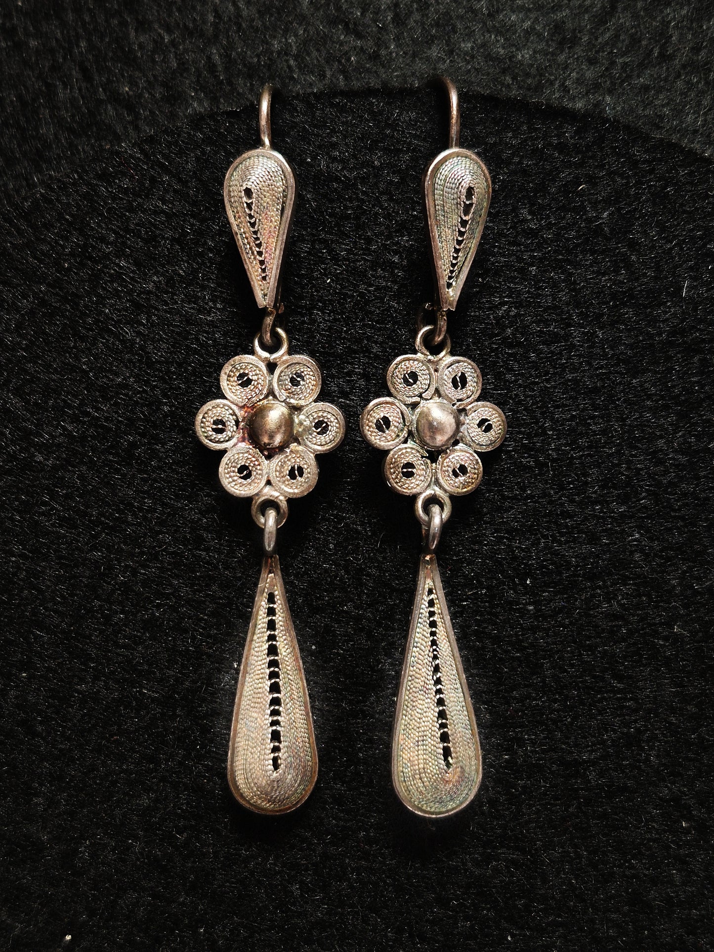 Vintage Silver Floral Earrings, Ecuador 2 1/4" x 1/2"