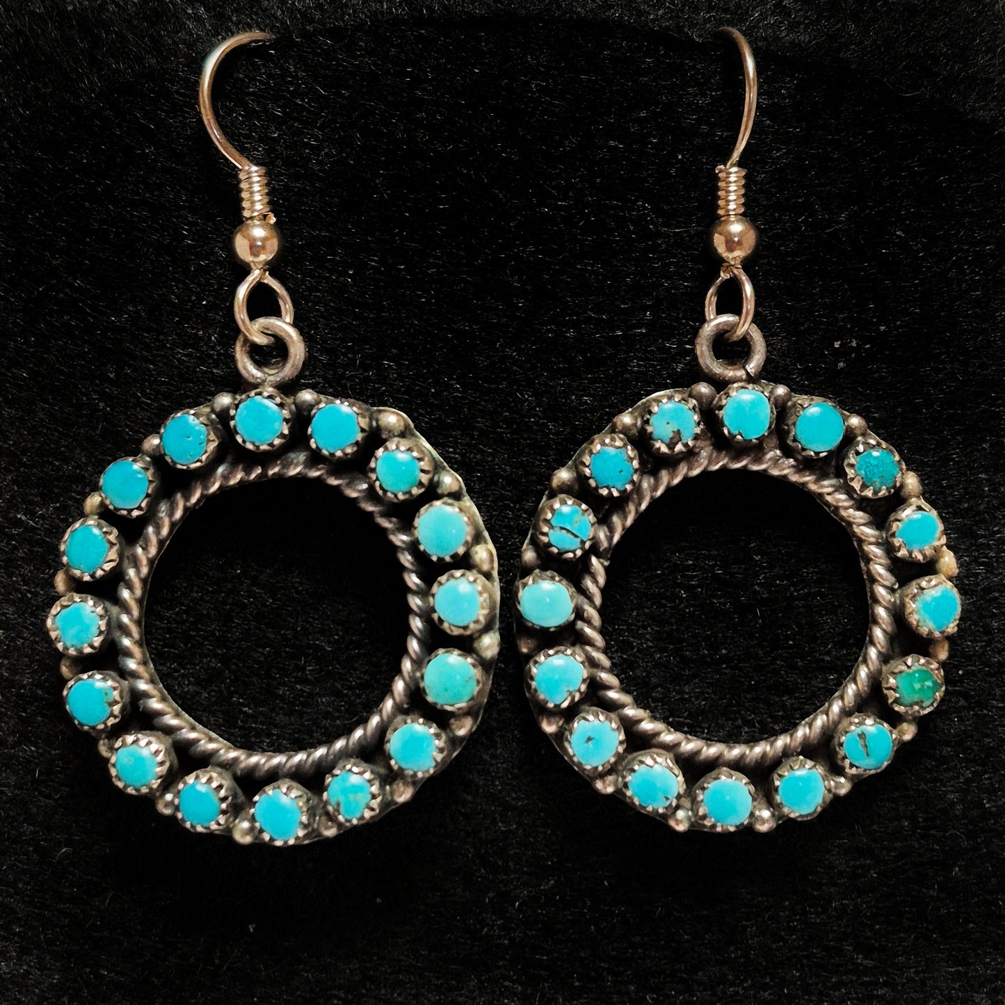 Silver and Turquoise round earrings, Zuni 1" x 1"