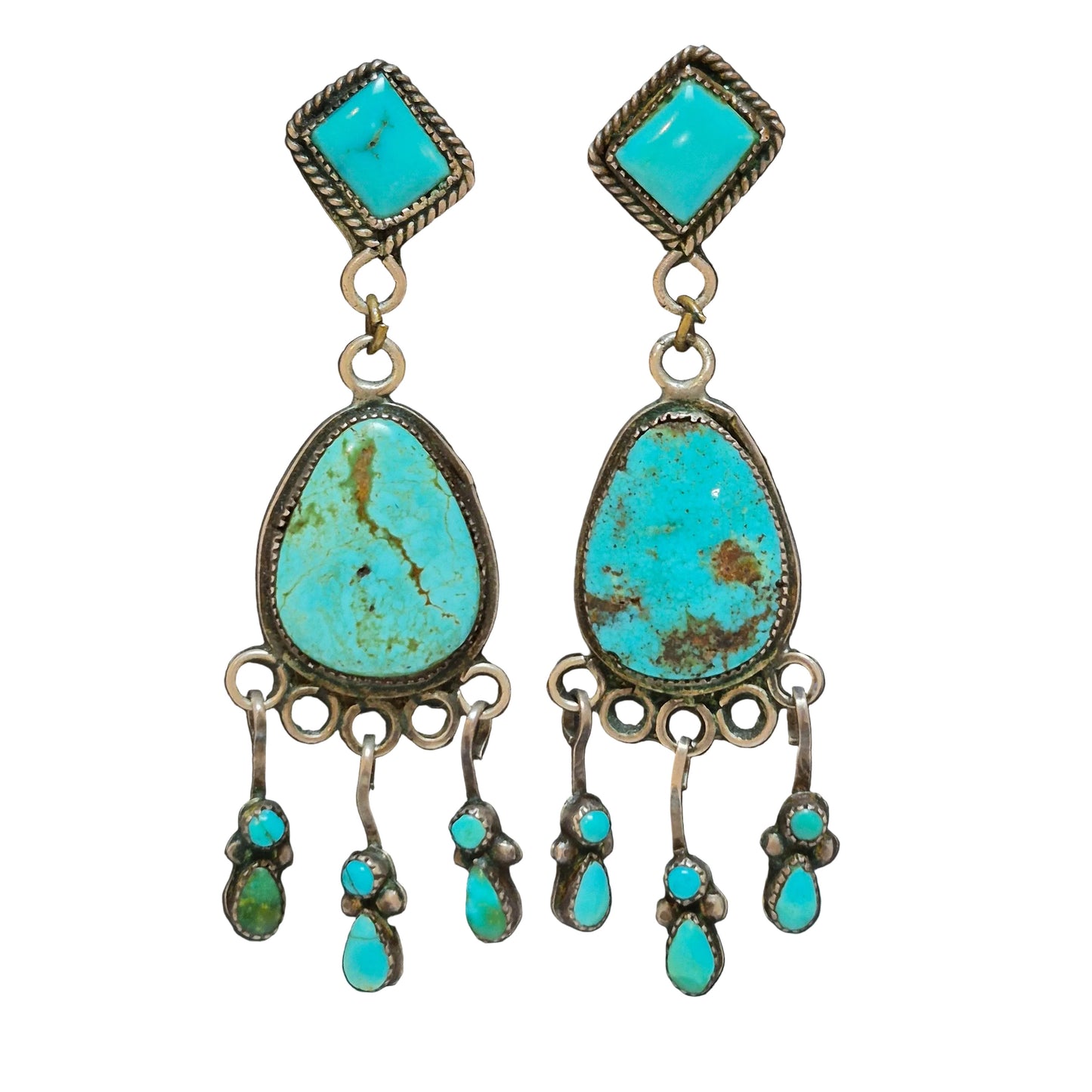 Handcrafted Turquoise & Sterling Silver Chandelier Earrings, 2 3/4" x 3/4"