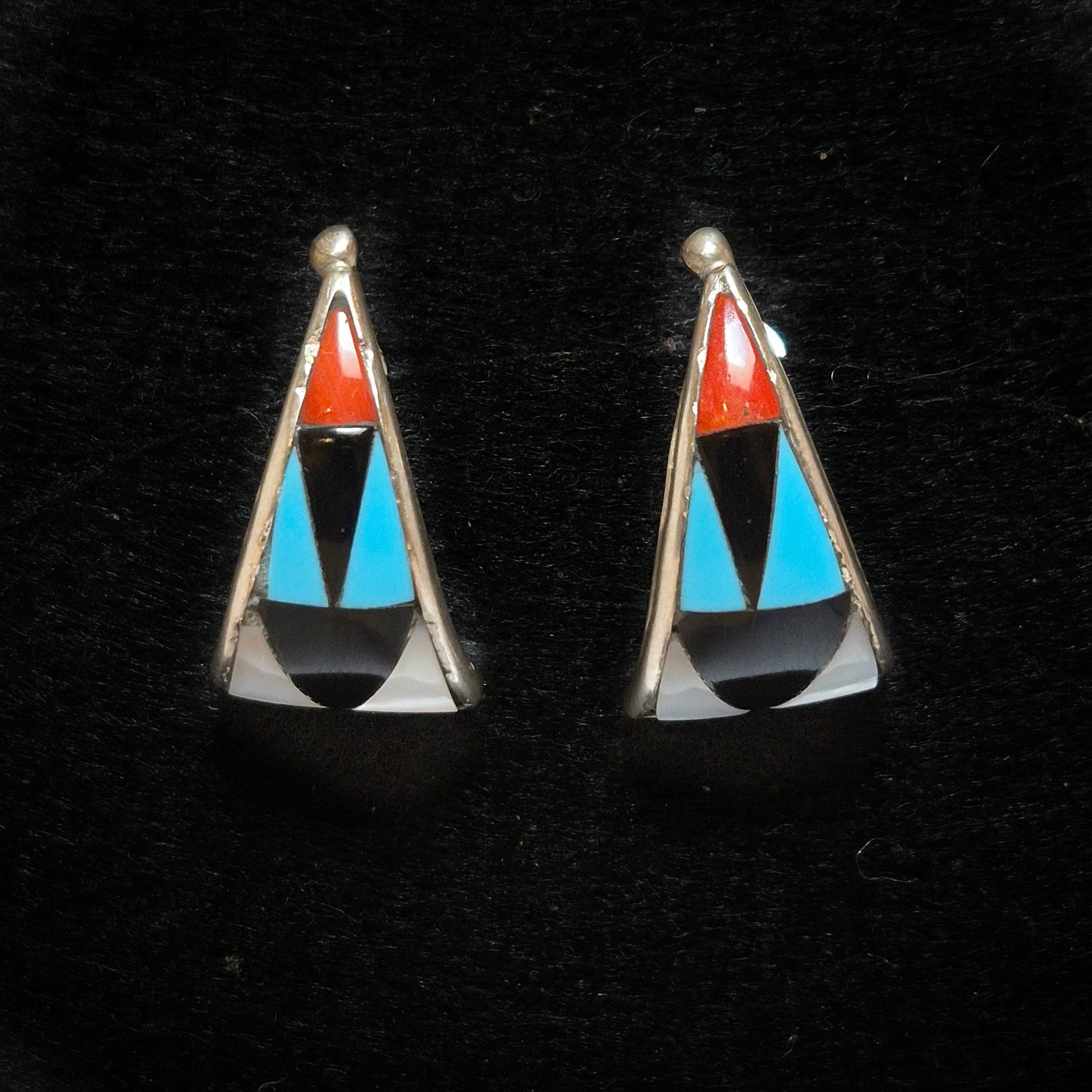 Pair of triangle-shaped earrings with colorful inlay, Zuni 1" x 1/2"