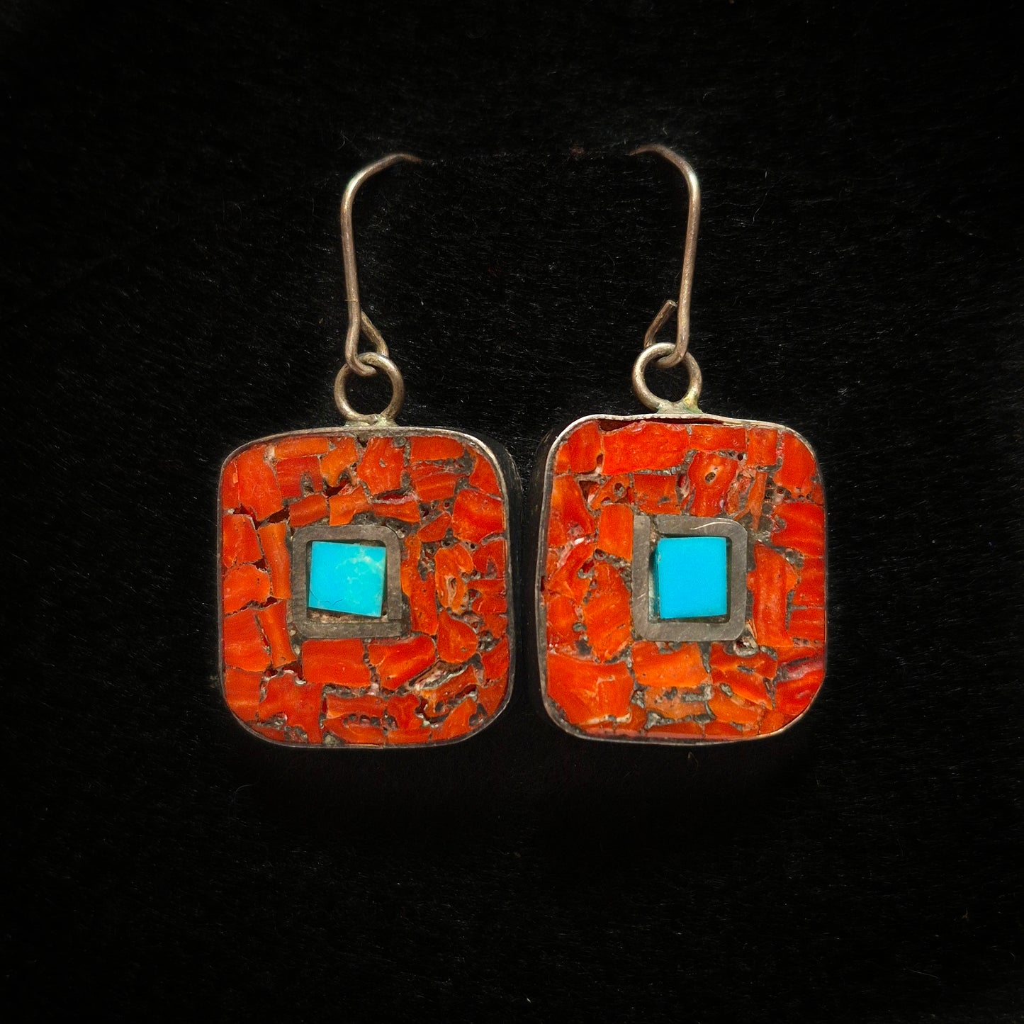 Square earrings with orange and turqouise center, Zuni 3/4" x 3/4"