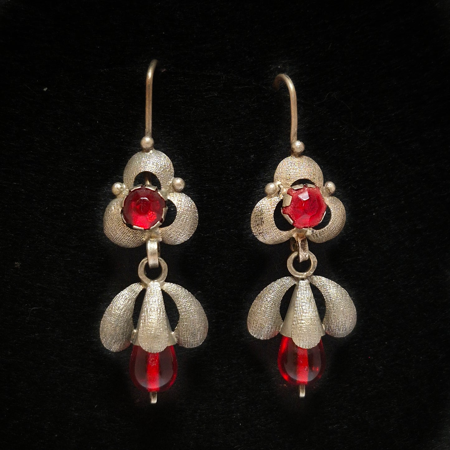 Vintage Silver Earrings with Red Gemstones, Ecuador 1 1/2" x 3/4"