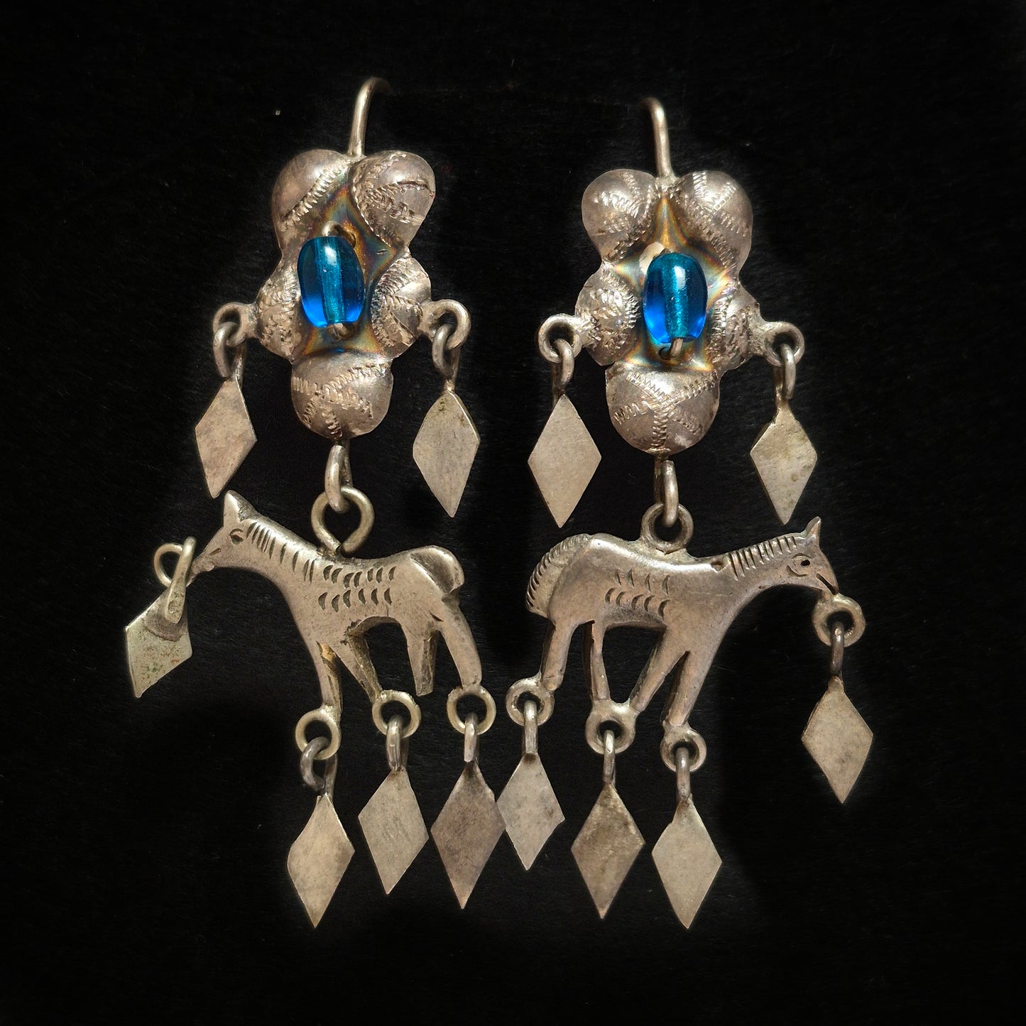 Vintage Silver Earrings with horse designs and blue gemstones, Ecuador 2 1/4" x 1 1/4"