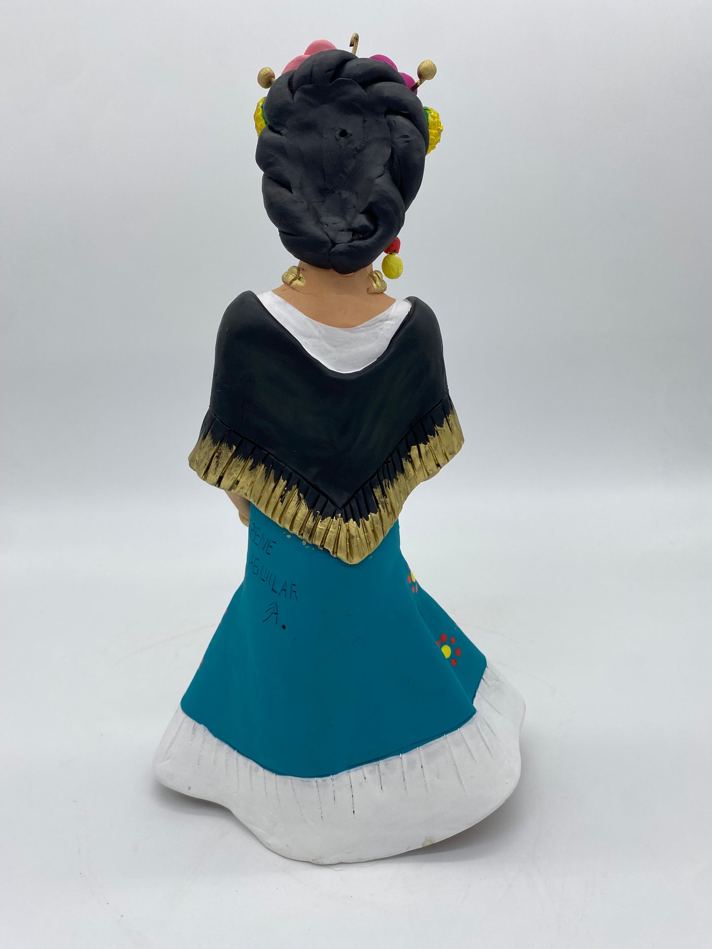 Irene Aguilar ~ Frida en Turquesa con Flores, Large 13" x 6 3/4" x 4 3/4"