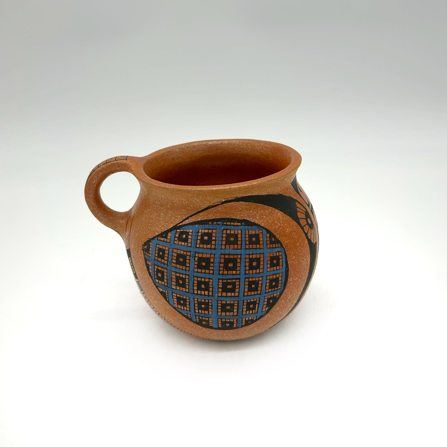 Lorenzo Mendez ~ Painted "Ollita" Mica Clay Mug, 4" x 5 1/4 x 4 1/2"