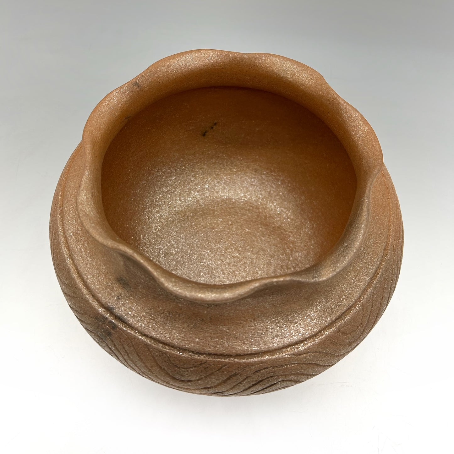 Rhonda Avidon ~ 4 Quart Mica Bean Pot with Fluted Rim and Incised Design, 6" x 9 1/4" x 9 1/4"