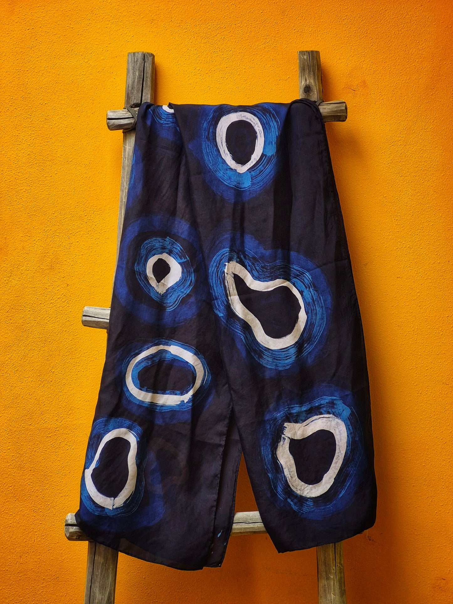 David Mendoza ~ Hand Blocked Indigo Batik Silk Scarf, 21” x 69”