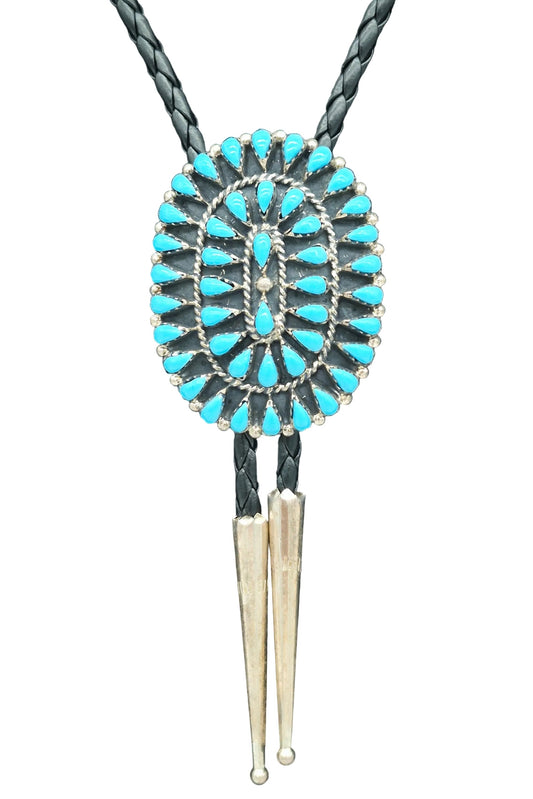 Zuni sterling silver bolo tie with petit point turquoise cluster design and braided leather cord