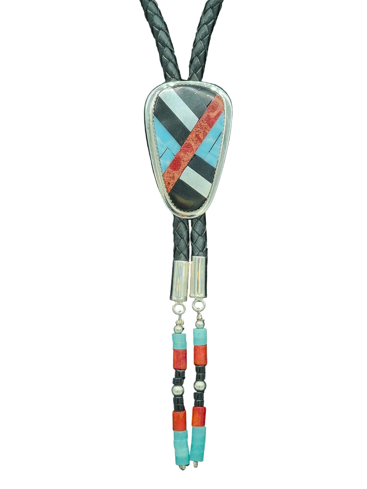 Native American channel inlay bolo tie with turquoise, coral, jet and shell diagonal bands and beaded tips