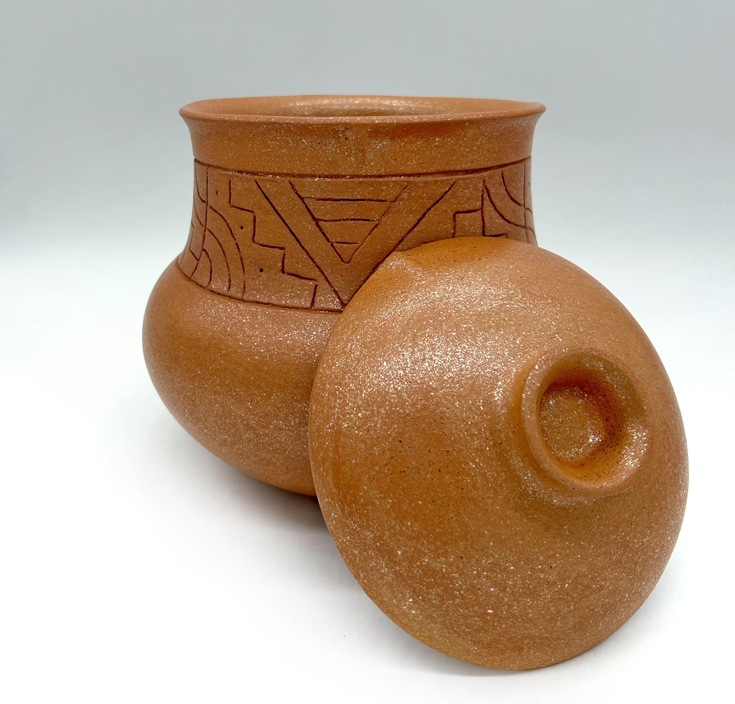 Andrea Byers ~ 5 Quart Mica Tall Bean pot with Incised Design, "10 x 9 x 9"