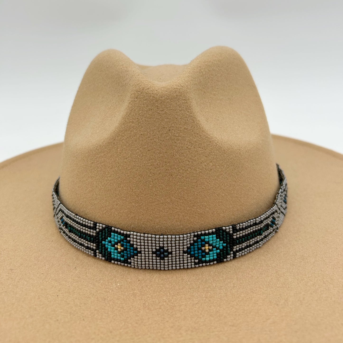 Camille Moss ~ Wide Beaded Hat Band, Floral pattern, 23 1/2" x 3/4"