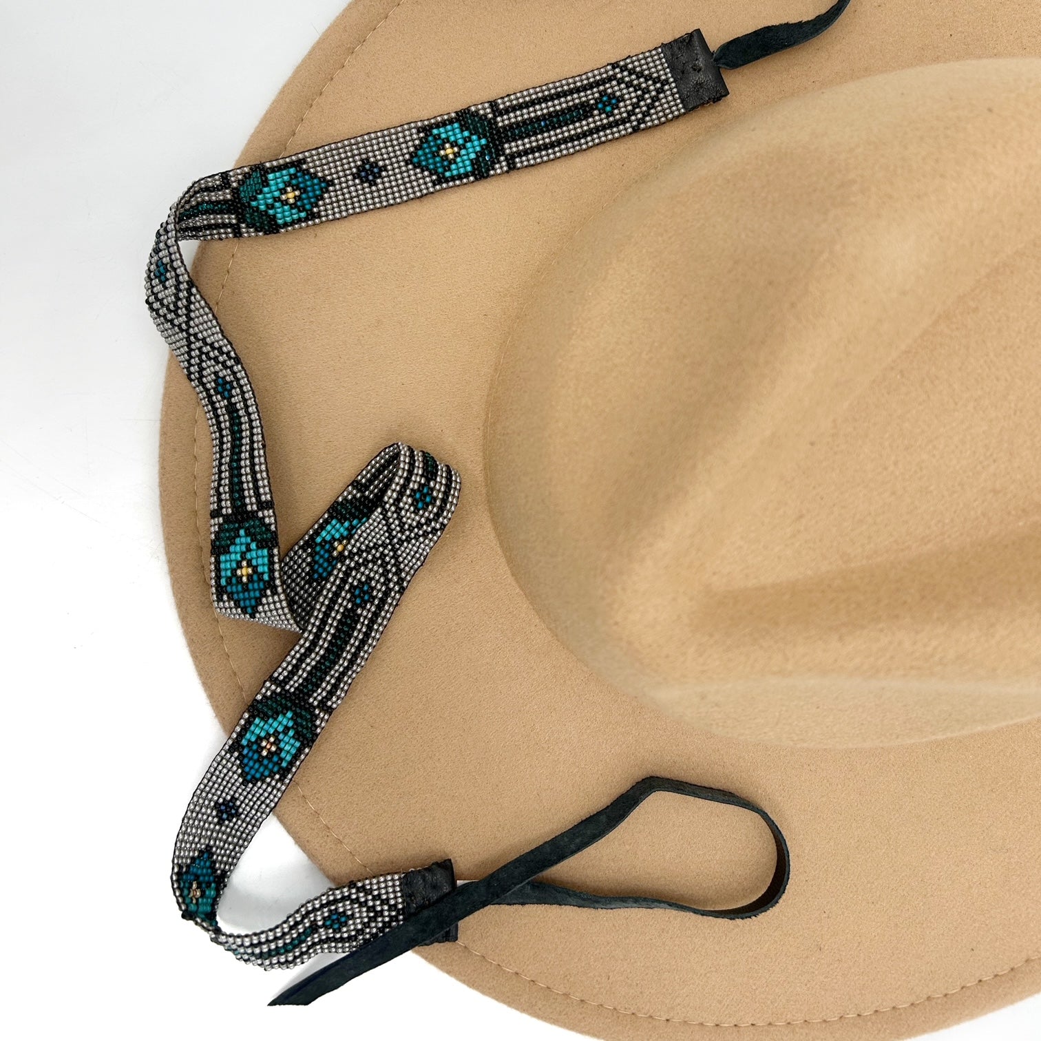Camille Moss ~ Wide Beaded Hat Band, Floral pattern, 23 1/2