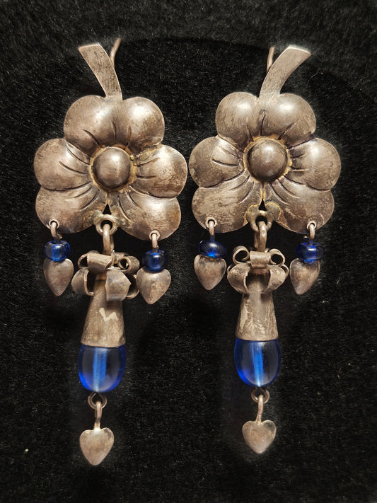 Vintage Flower Earrings, Ecuador  2 3/4" x 1"