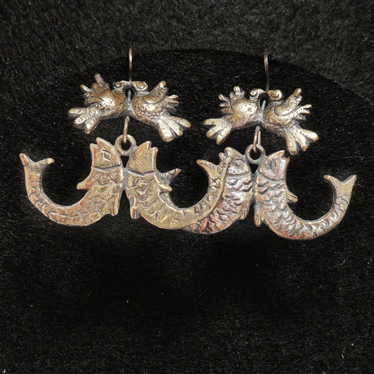 Silver Earrings with fish and birds designs, Oaxaca 1 1/8" x 1 1/2"