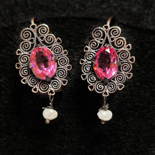 Silver Earrings with Pink Gemstones, Oaxaca 1" x 1/2"