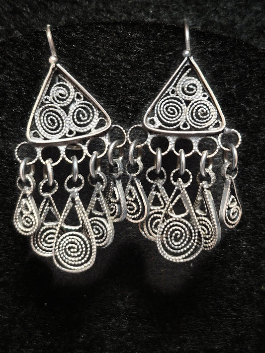 Silver Earrings with intricate designs, Oaxaca 1 3/8" x 3/4"