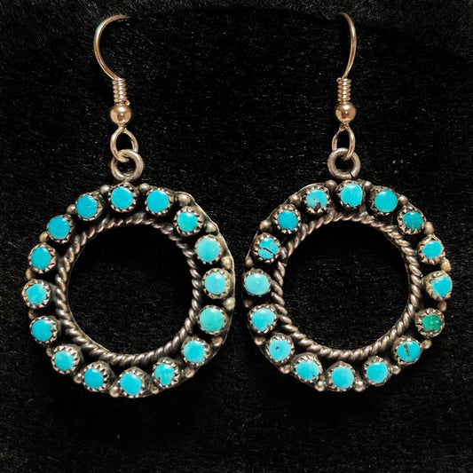 Silver and Turquoise round earrings, Zuni  1" x 1"