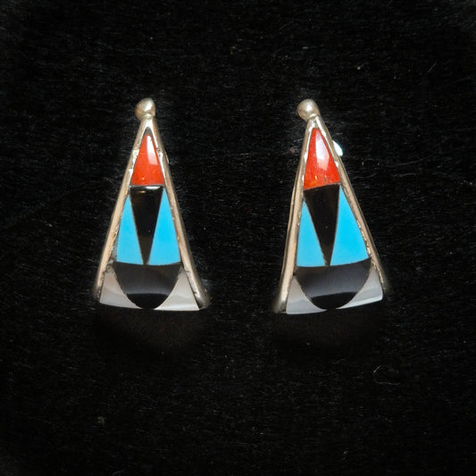 Pair of triangle-shaped earrings with colorful inlay, Zuni  1" x 1/2"