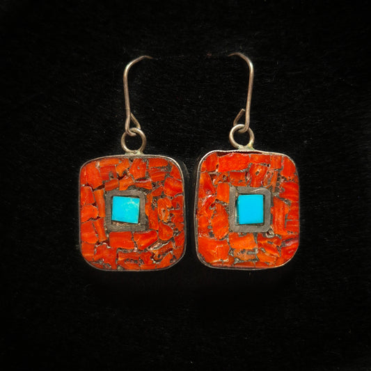 Square earrings with orange and turqouise center, Zuni  3/4" x 3/4"