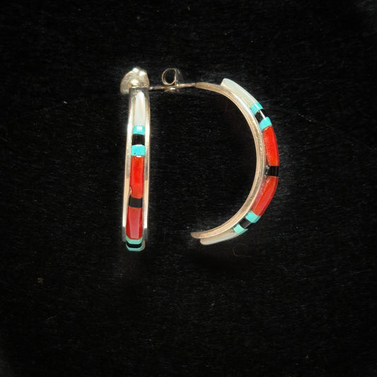Silver hoop earrings with colorful inlay, Zuni  1" x 1/8"
