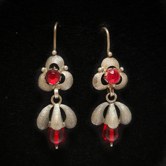 Vintage Silver Earrings with Red Gemstones, Ecuador  1 1/2" x 3/4"