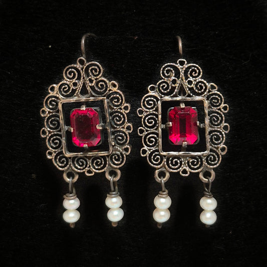 Silver Earrings with Red Gemstones, Oaxaca 1 1/4" x 3 1/4"