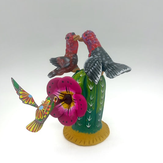 Irene Aguilar ~ Ceramic Cactus with Hummingbird, Turkeys, 9 1/4" x 8 1/2" x 6 1/4"