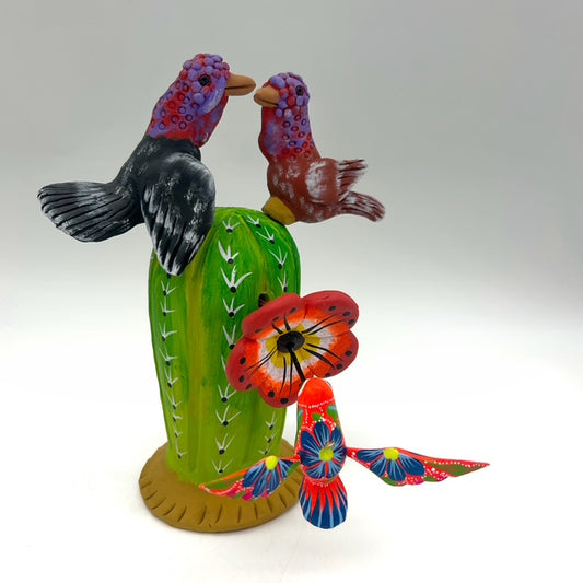 Irene Aguilar ~ Ceramic Cactus with Hummingbird, Turkeys, 9 1/4" x 8 1/2" x 6 1/4"
