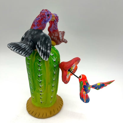 Irene Aguilar ~ Ceramic Cactus with Hummingbird, Turkeys, 9 1/4" x 8 1/2" x 6 1/4"