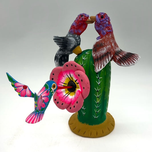 Irene Aguilar ~ Ceramic Cactus with Hummingbird, Turkeys, 9 1/4" x 8 1/2" x 6 1/4"