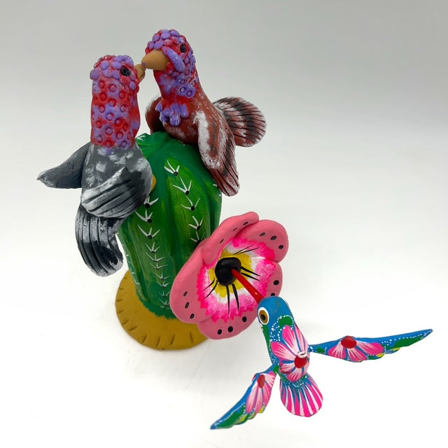 Irene Aguilar ~ Ceramic Cactus with Hummingbird, Turkeys, 9 1/4" x 8 1/2" x 6 1/4"