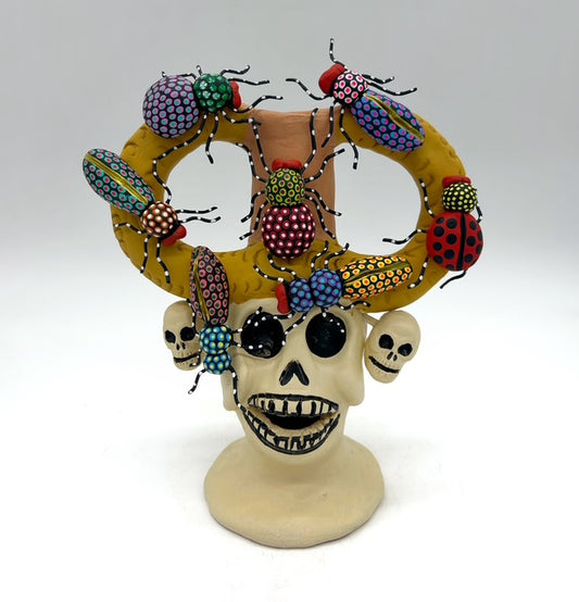 Irene Aguilar ~ Skull Candle Holder with Insects, 9 1/2" x 8" x 4"