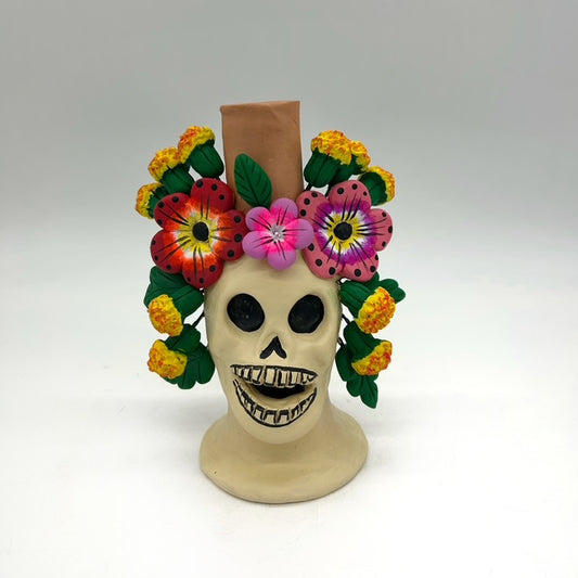 Irene Aguilar ~ Skull Day of the Dead Candle Holder with Flowers, 8" x 4" x 4"