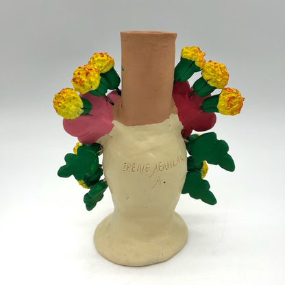 Irene Aguilar ~ Skull Day of the Dead Candle Holder with Flowers, 8" x 4" x 4"