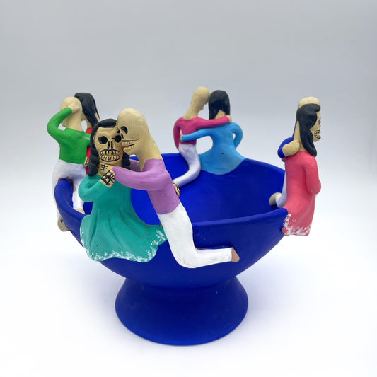 Irene Aguilar ~ Ceramic Calaca Bowl ~ Skeleton figures, 9" x 11 1/4 x 11 1/4"