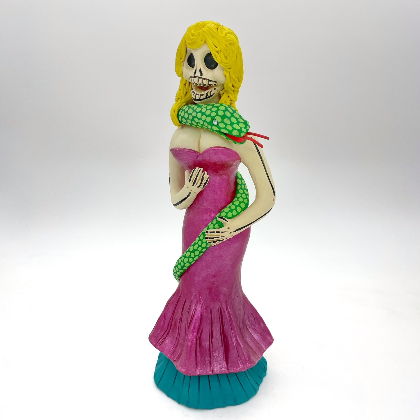Irene Aguilar ~ Skeleton Woman of the Night with snake, 12" x 5" x 4 1/2"