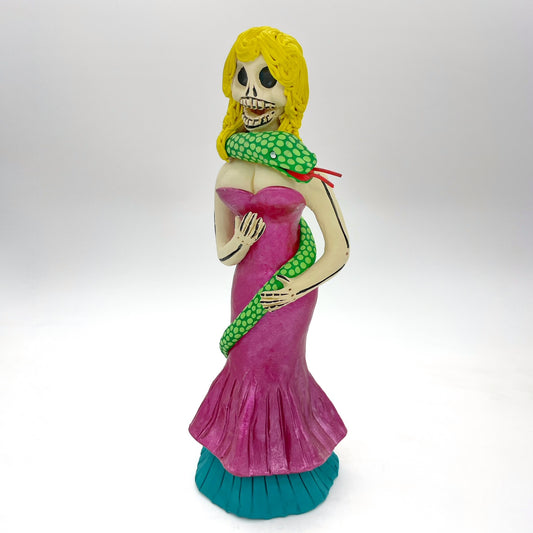 Irene Aguilar ~ Skeleton Woman of the Night with snake, 12" x 5" x 4 1/2"