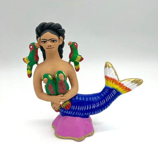Irene Aguilar ~ La Sirena ~ Ceramic Mermaid with parrots, 8 1/2" x 12 1/4" x 2 1/2"