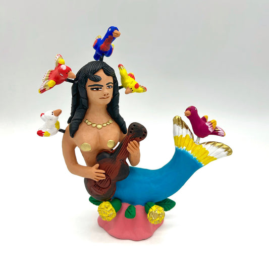 Irene Aguilar ~ La Sirena ~ Ceramic Mermaid with guitar, 9" x 3 1/2" x 10 1/2"
