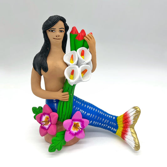 Irene Aguilar ~ La Sirena ~ Ceramic Mermaid with flowers, 10" x 8" x 4"