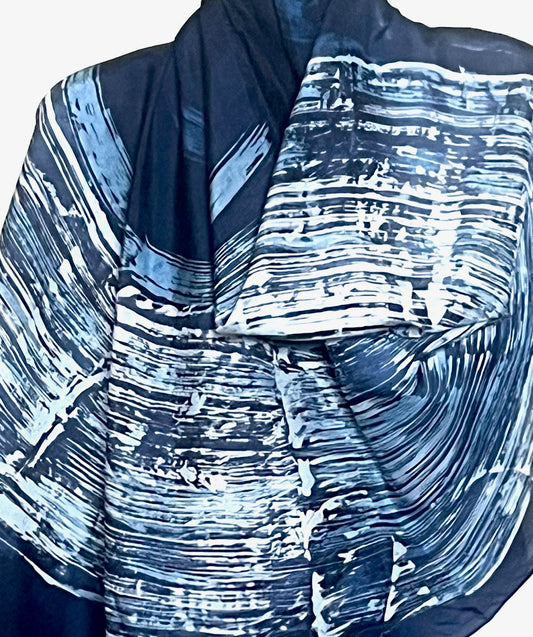 David Mendoza ~ Indigo Batik Habotai Silk Scarf, 20” x 80”