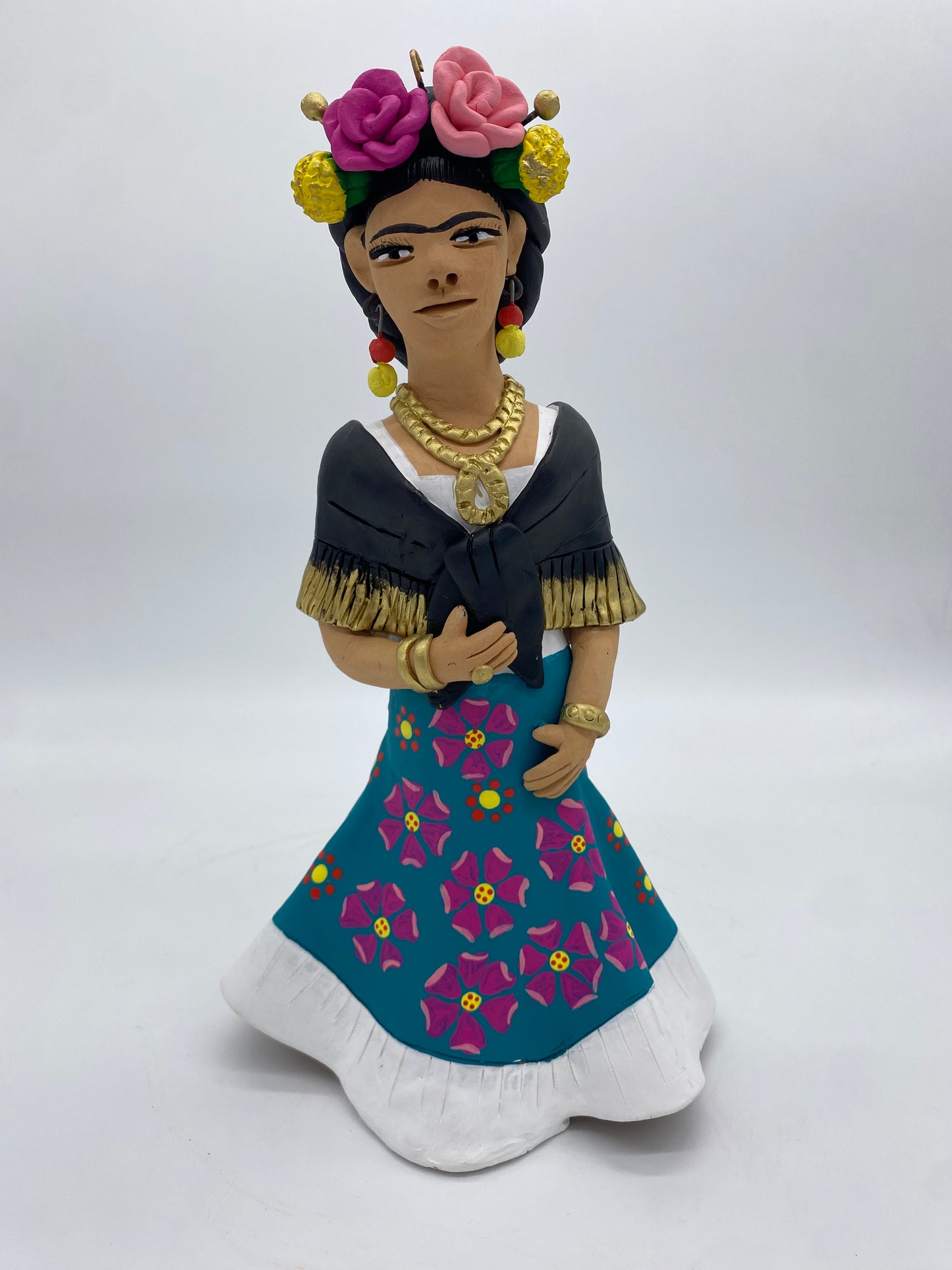 Irene Aguilar ~ Frida en Turquesa con Flores, Large 13" x 6 3/4" x 4 3/4"