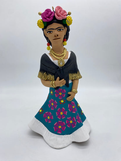 Irene Aguilar ~ Frida en Turquesa con Flores, Large 13" x 6 3/4" x 4 3/4"