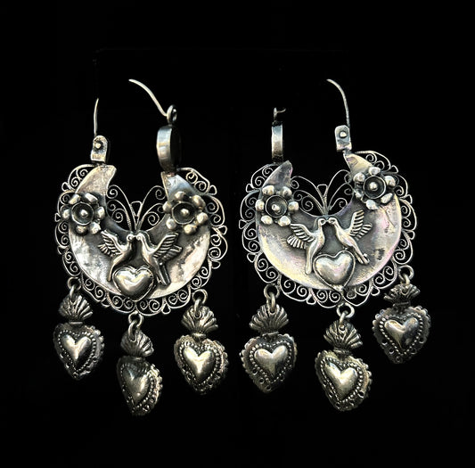 Yesenia Salgado ~ Heart & Love Bird Earrings, 1 1/2" x 8 1/4"