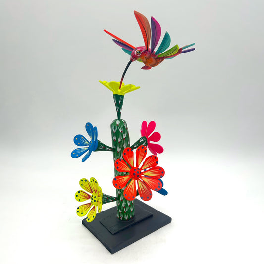 Juan Aguilar ~ Wooden Sculpture Hummingbird with Flowers, 14" x 7" x 7"