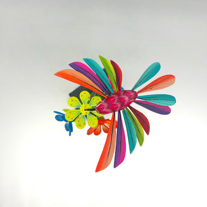 Juan Aguilar ~ Wooden Sculpture Hummingbird with Flowers, 14" x 7" x 7"