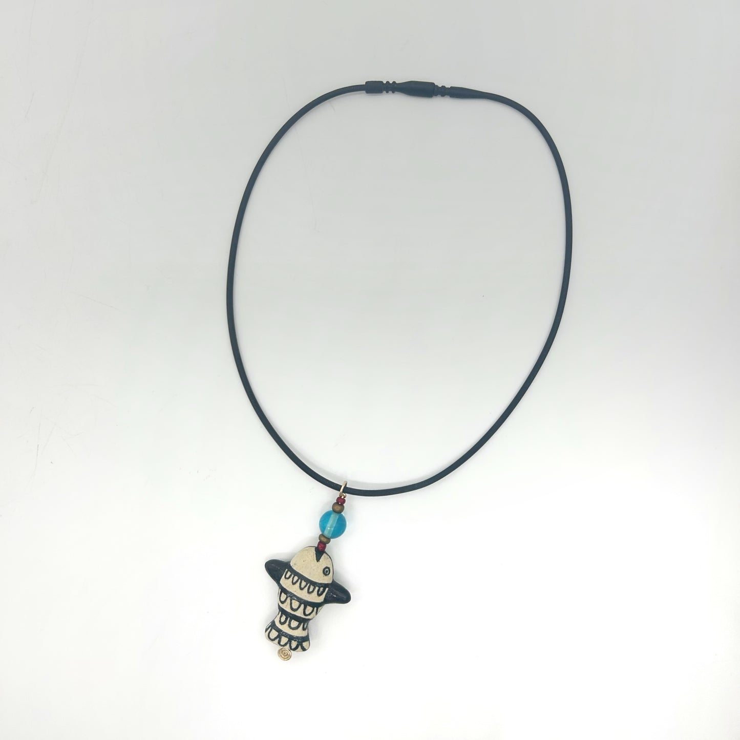 Lisa Smith ~ Ceramic Fish Pendant Necklace, reversible, 2 3/4" x 1 3/8" x 1/4"
